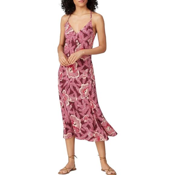 Equipment Allianna Floral Print Silk Dress Small Hawaiian Retro Midi Purple Red - Picture 1 of 9